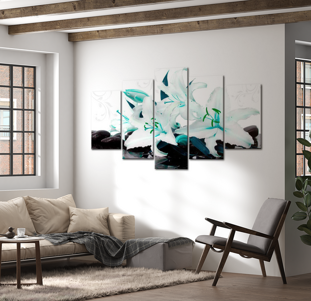 Floral Canvas Wall Art - Turquoise Lilies On Stones - 5 Pieces