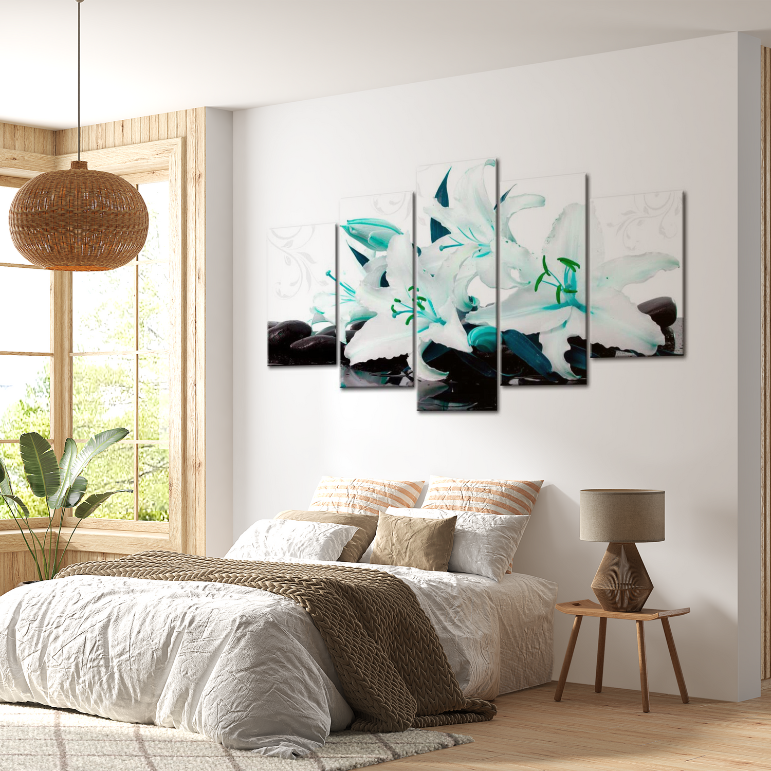 Stretched Canvas Floral Art - Turquoise Lilies And Stones 40"Wx20"H