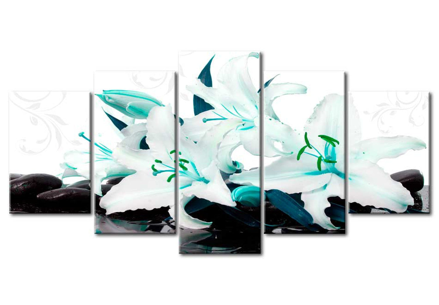 Floral Canvas Wall Art - Turquoise Lilies On Stones - 5 Pieces