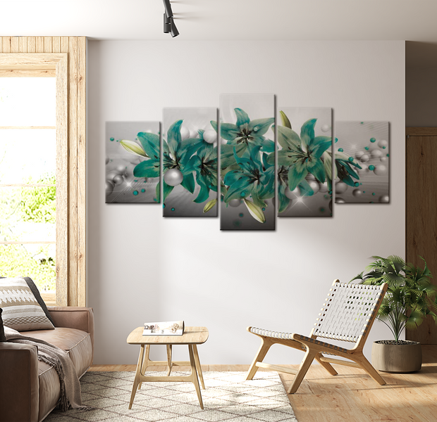 Floral Canvas Wall Art - Turquoise Lily Bouquet - 5 Pieces