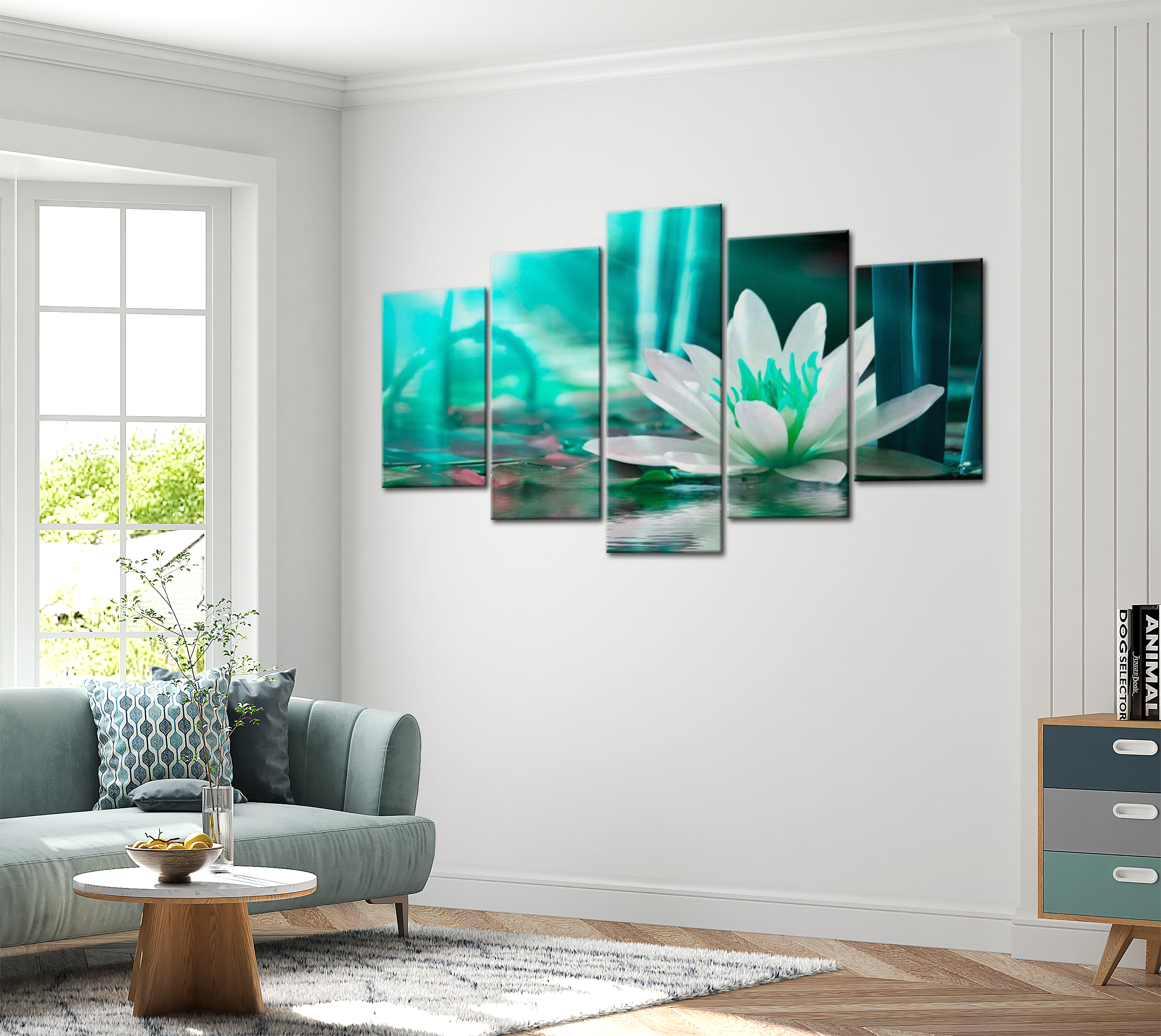 Floral Canvas Wall Art - Turquoise Lotus - 5 Pieces