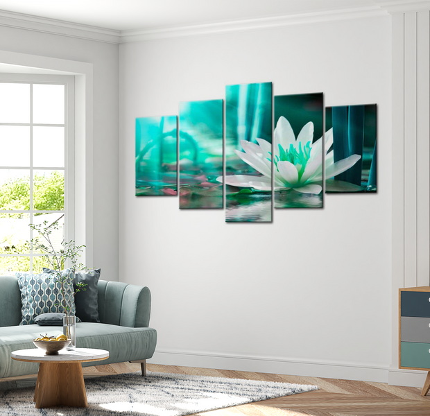 Floral Canvas Wall Art - Turquoise Lotus - 5 Pieces