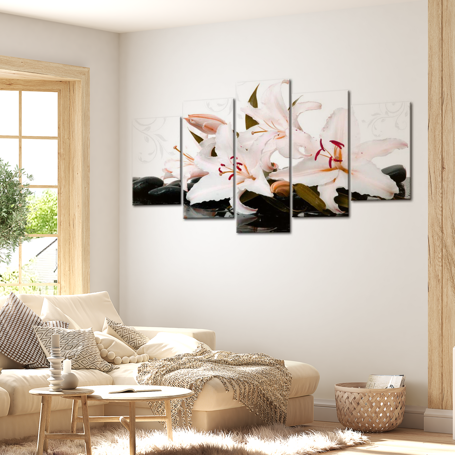 Stretched Canvas Floral Art - Zen Stones And Lilies 40"Wx20"H