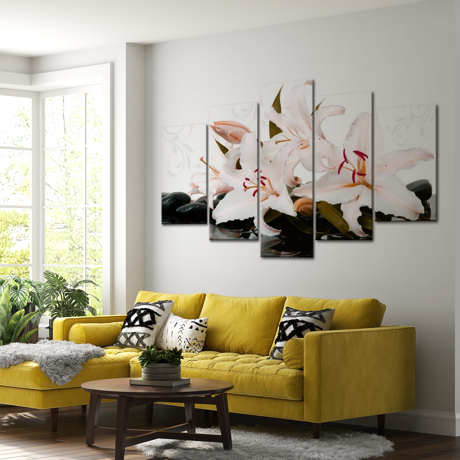 Stretched Canvas Floral Art - Zen Stones And Lilies 40"Wx20"H