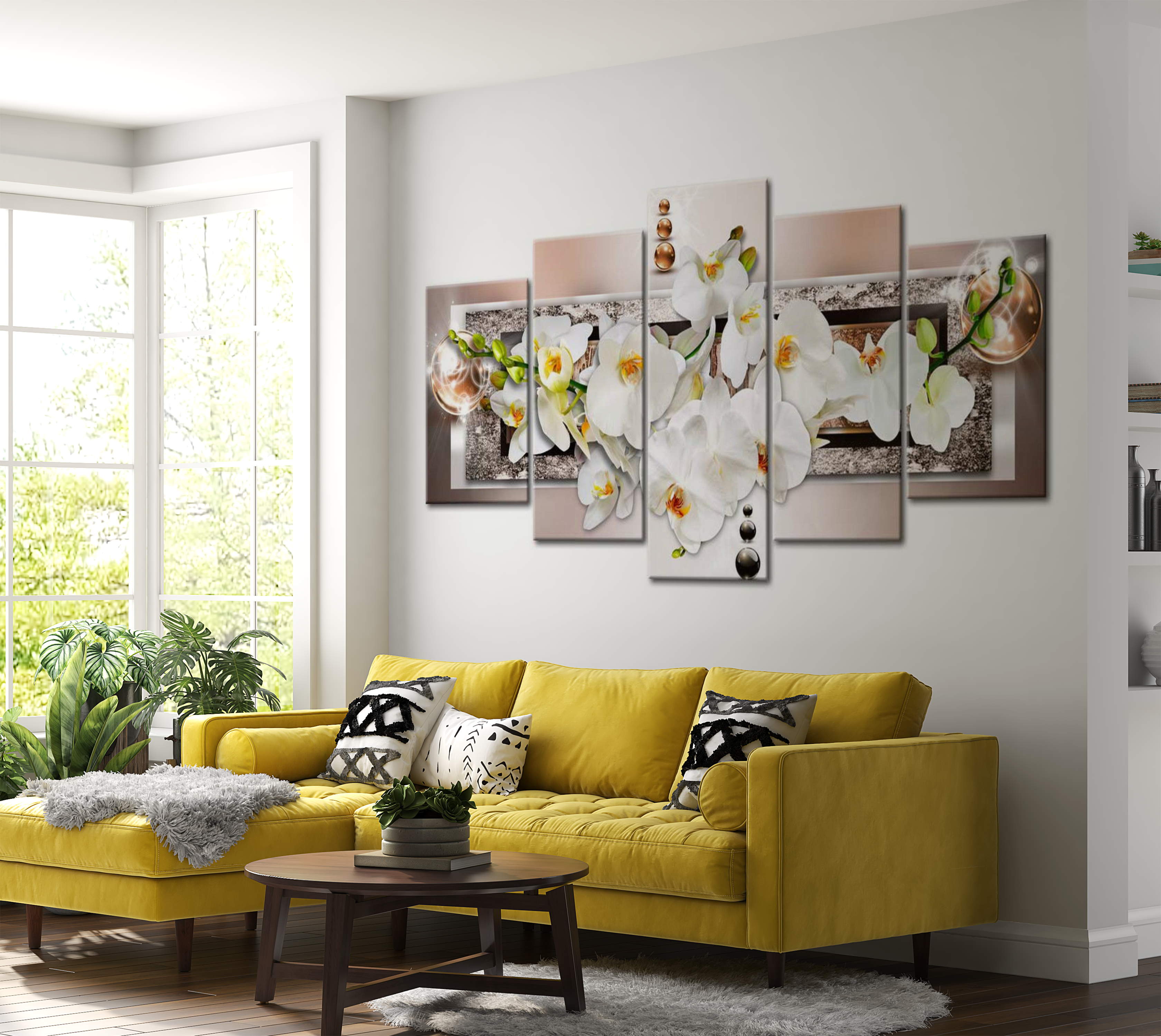 Floral Canvas Wall Art - White Abstract Orchid - 5 Pieces