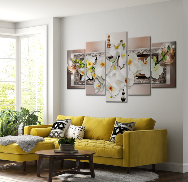 Floral Canvas Wall Art - White Abstract Orchid - 5 Pieces