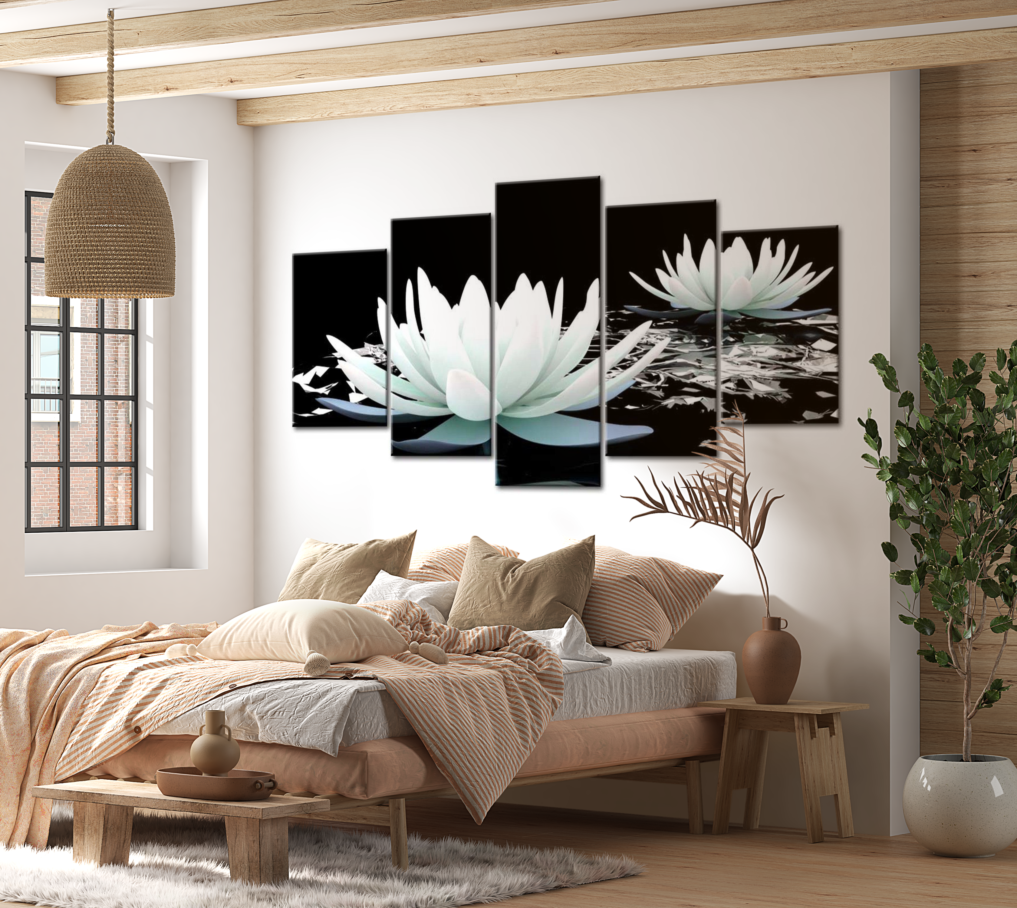 Floral Canvas Wall Art - White Water Lilies - 5 Pieces