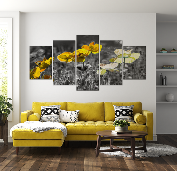 Floral Canvas Wall Art - Yellow Poppies - 5 Pieces