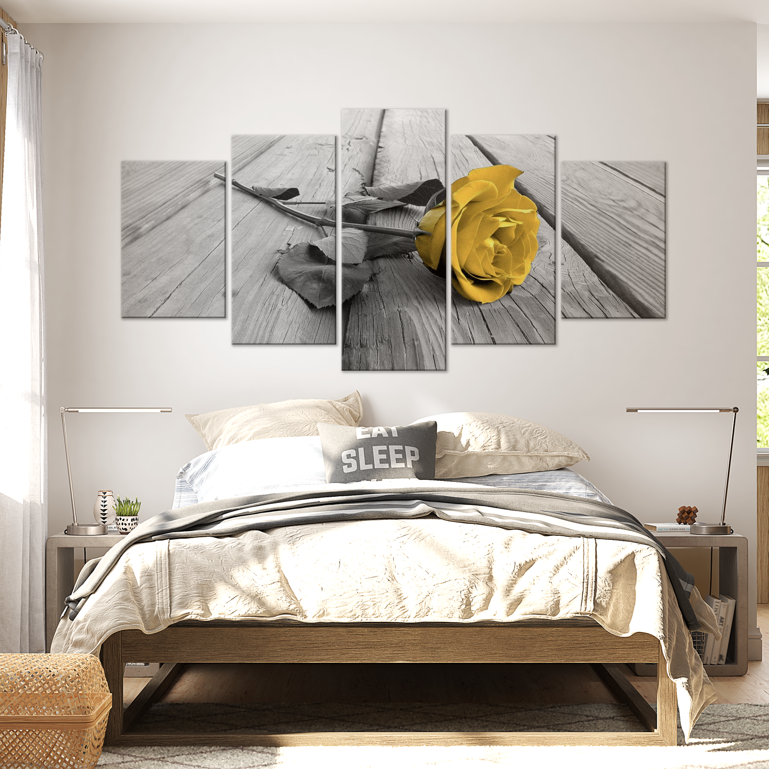 Stretched Canvas Floral Art - Rose On Wood Wide Yellow 40"Wx20"H