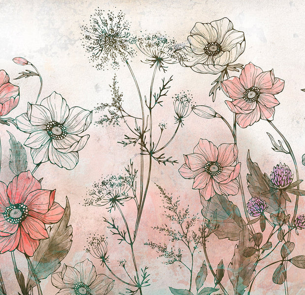 Floral Wallpaper Wall Mural - Day in the Meadow Red