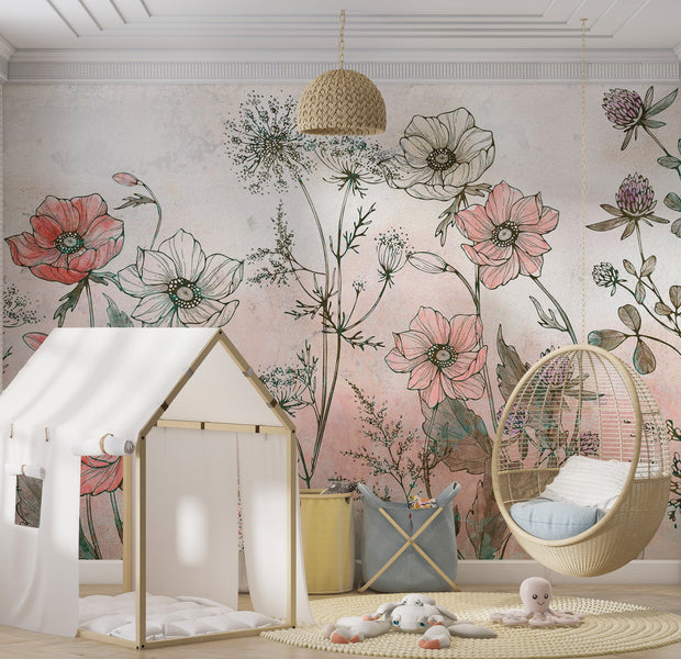 Floral Wallpaper Wall Mural - Day in the Meadow Red 39"Wx27"H / Regular