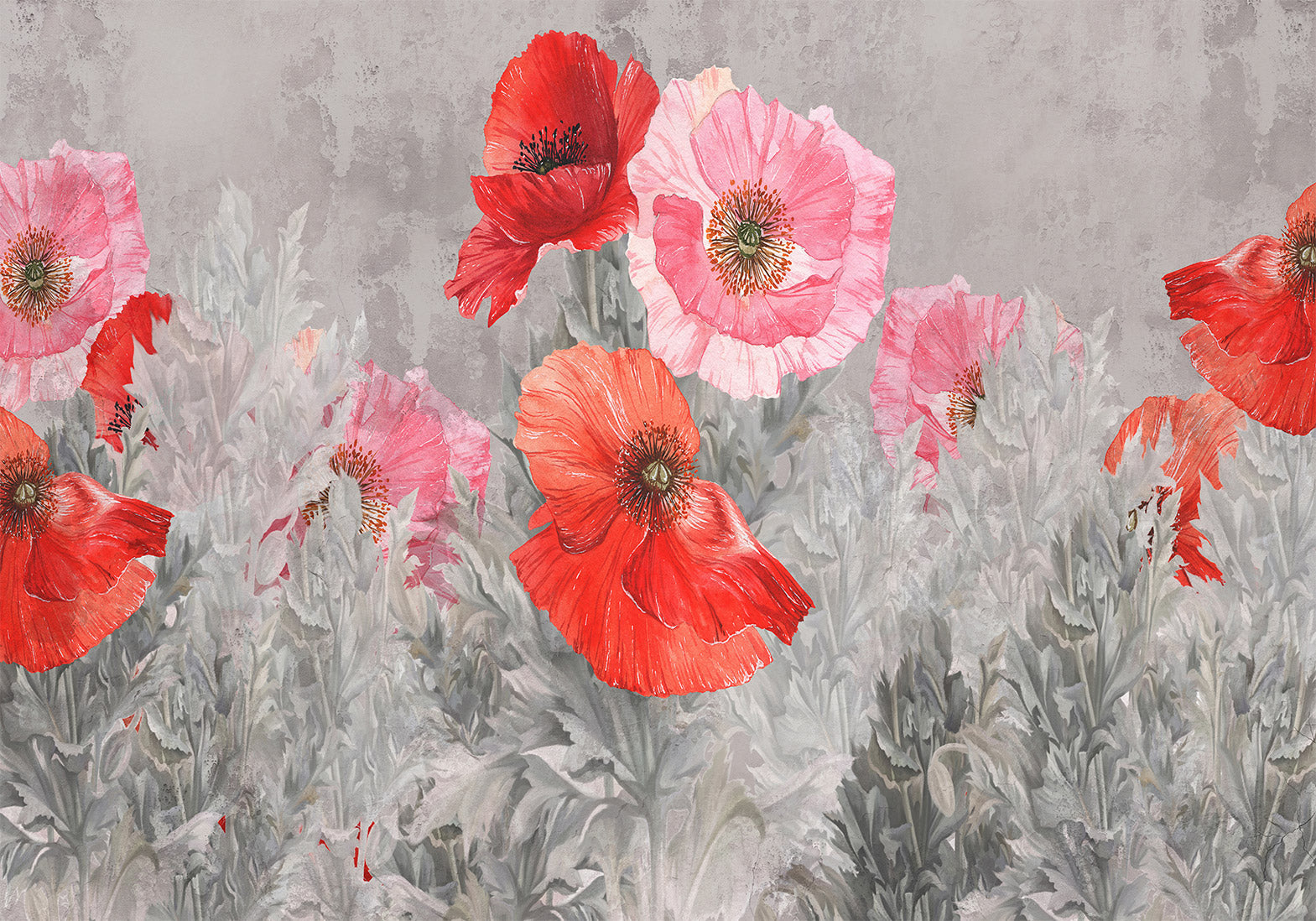 Floral Wallpaper Wall Mural - Gray Meadow