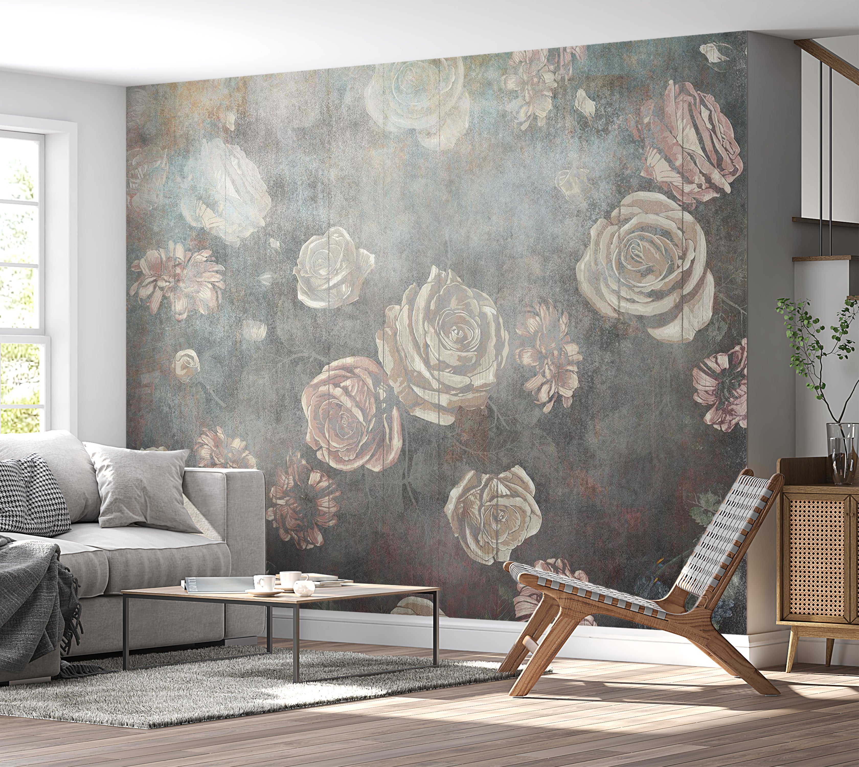 Floral Wallpaper Wall Mural - Misty Roses 39"Wx27"H / Regular