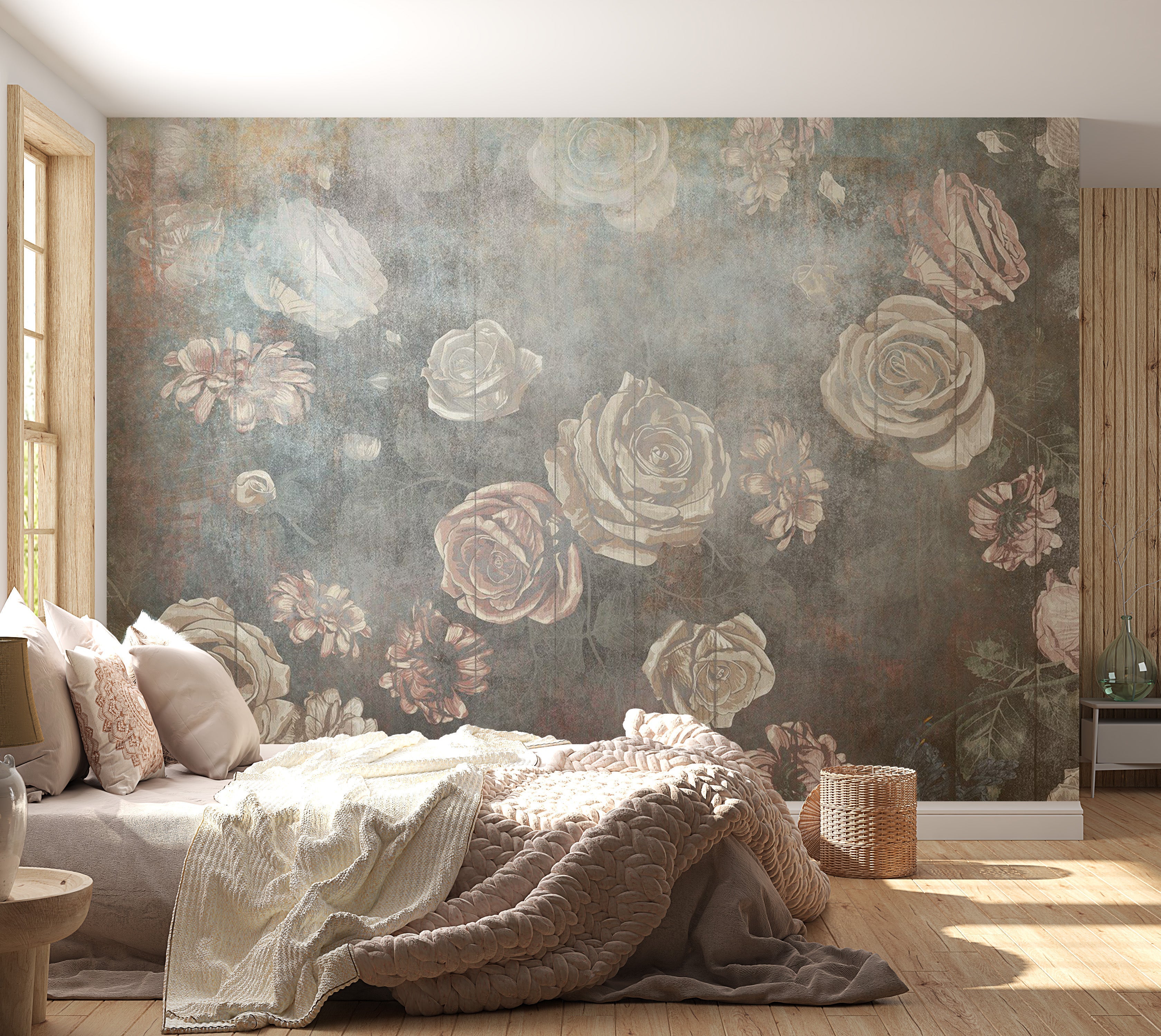 Floral Wallpaper Wall Mural - Misty Roses 39"Wx27"H / Regular