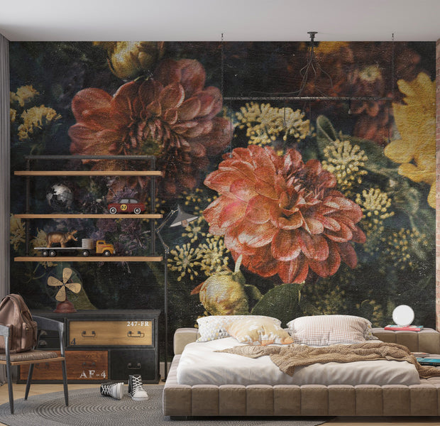 Floral Wallpaper Wall Mural - Retro Flowers 39"Wx27"H / Regular