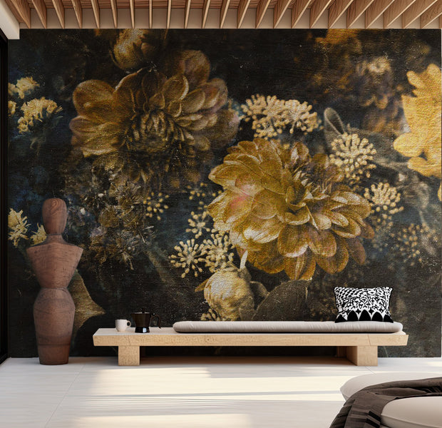 Floral Wallpaper Wall Mural - Retro Flowers Yellow 39"Wx27"H / Regular