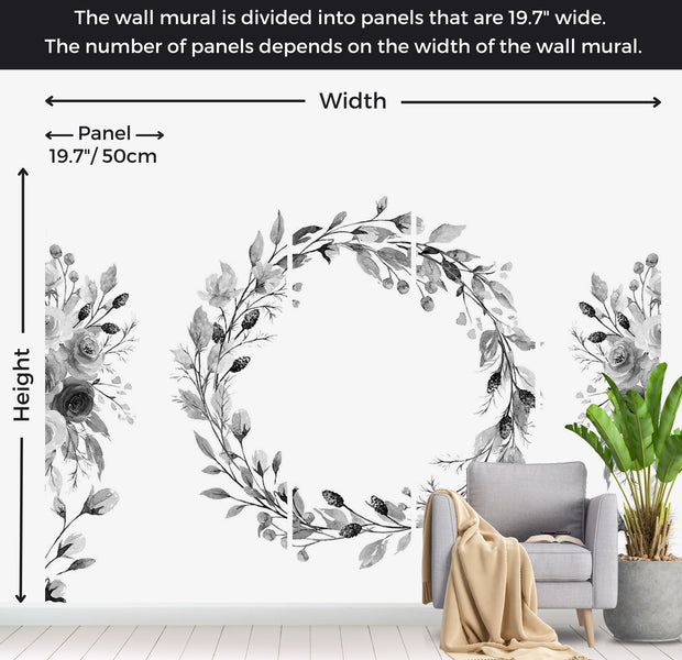 Floral Wallpaper Wall Mural - Romantic Wreath Grey 39"Wx27"H / Regular