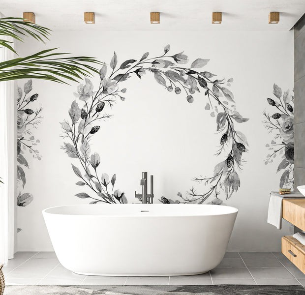 Floral Wallpaper Wall Mural - Romantic Wreath Grey 39"Wx27"H / Regular