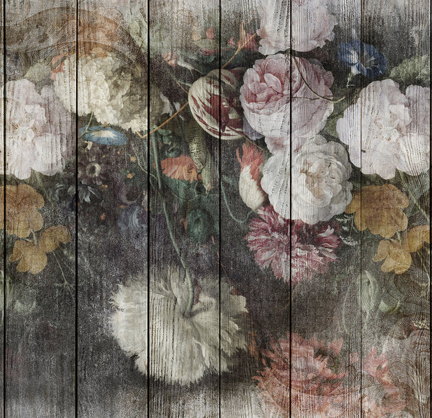 Floral Wallpaper Wall Mural - Vintage Flowers on Wood