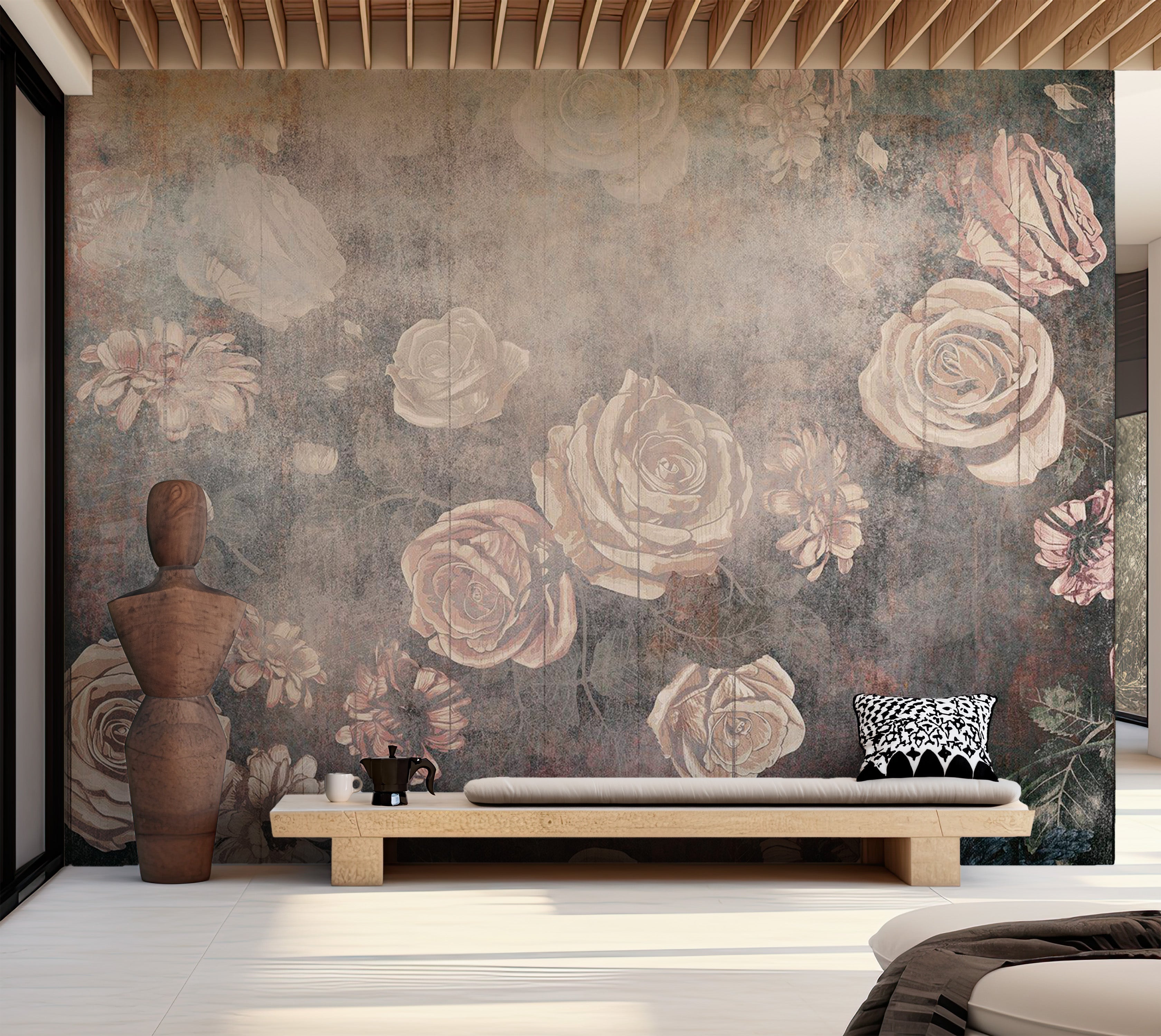 Floral Wallpaper Wall Mural - Warm Misty Roses 39"Wx27"H / Regular