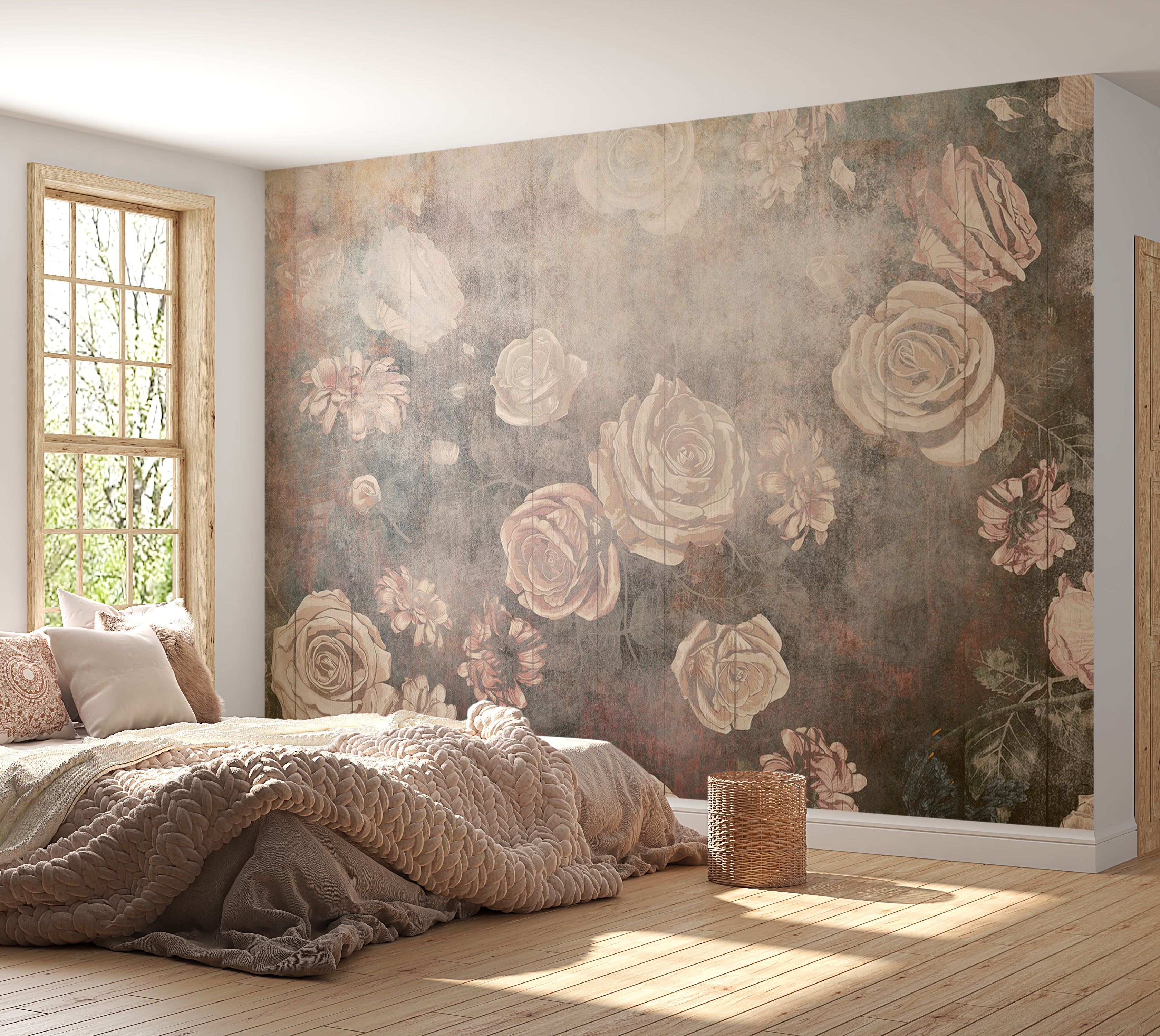 Floral Wallpaper Wall Mural - Warm Misty Roses 39"Wx27"H / Regular