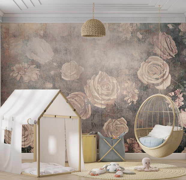 Floral Wallpaper Wall Mural - Warm Misty Roses 39"Wx27"H / Regular