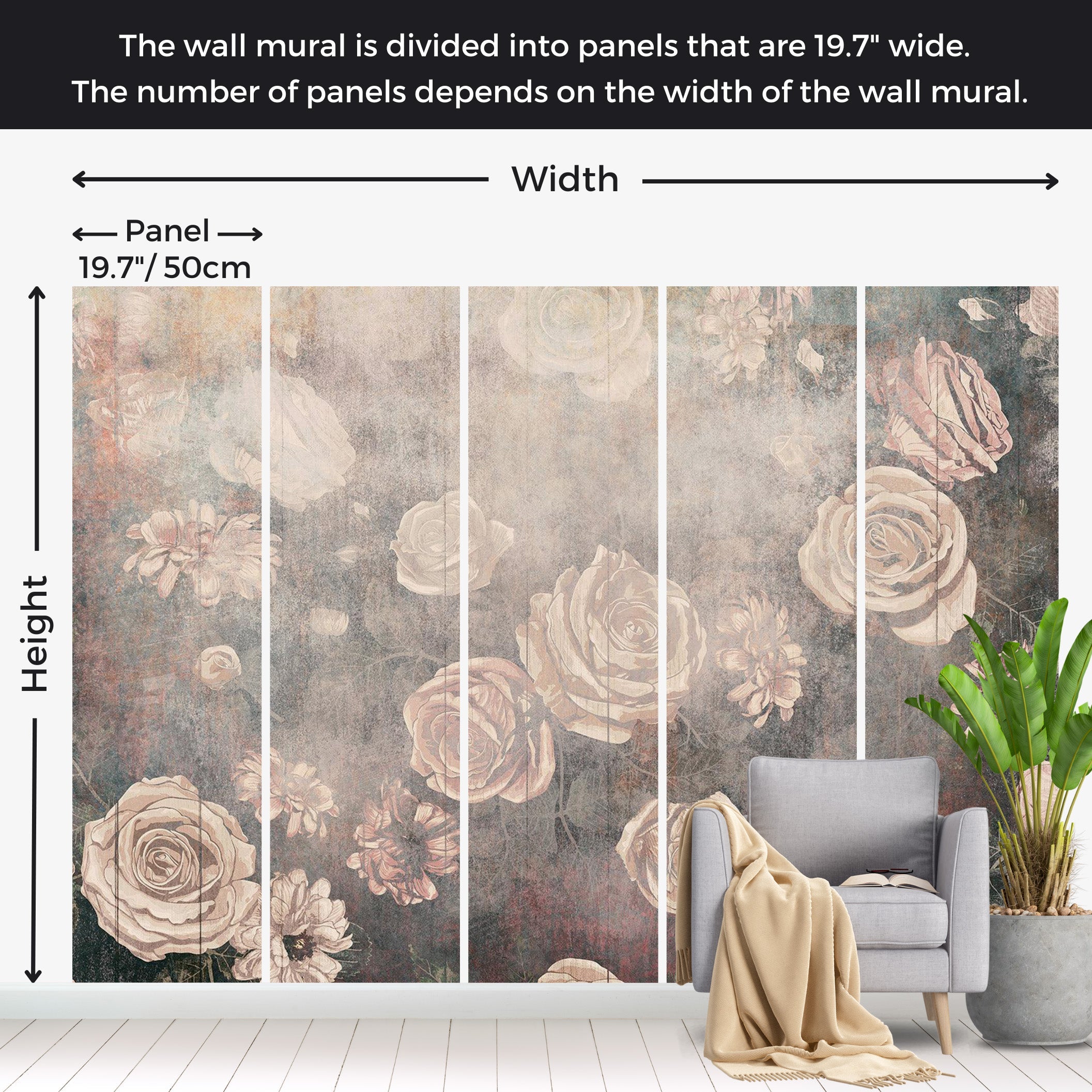 Floral Wallpaper Wall Mural - Warm Misty Roses 39"Wx27"H / Regular