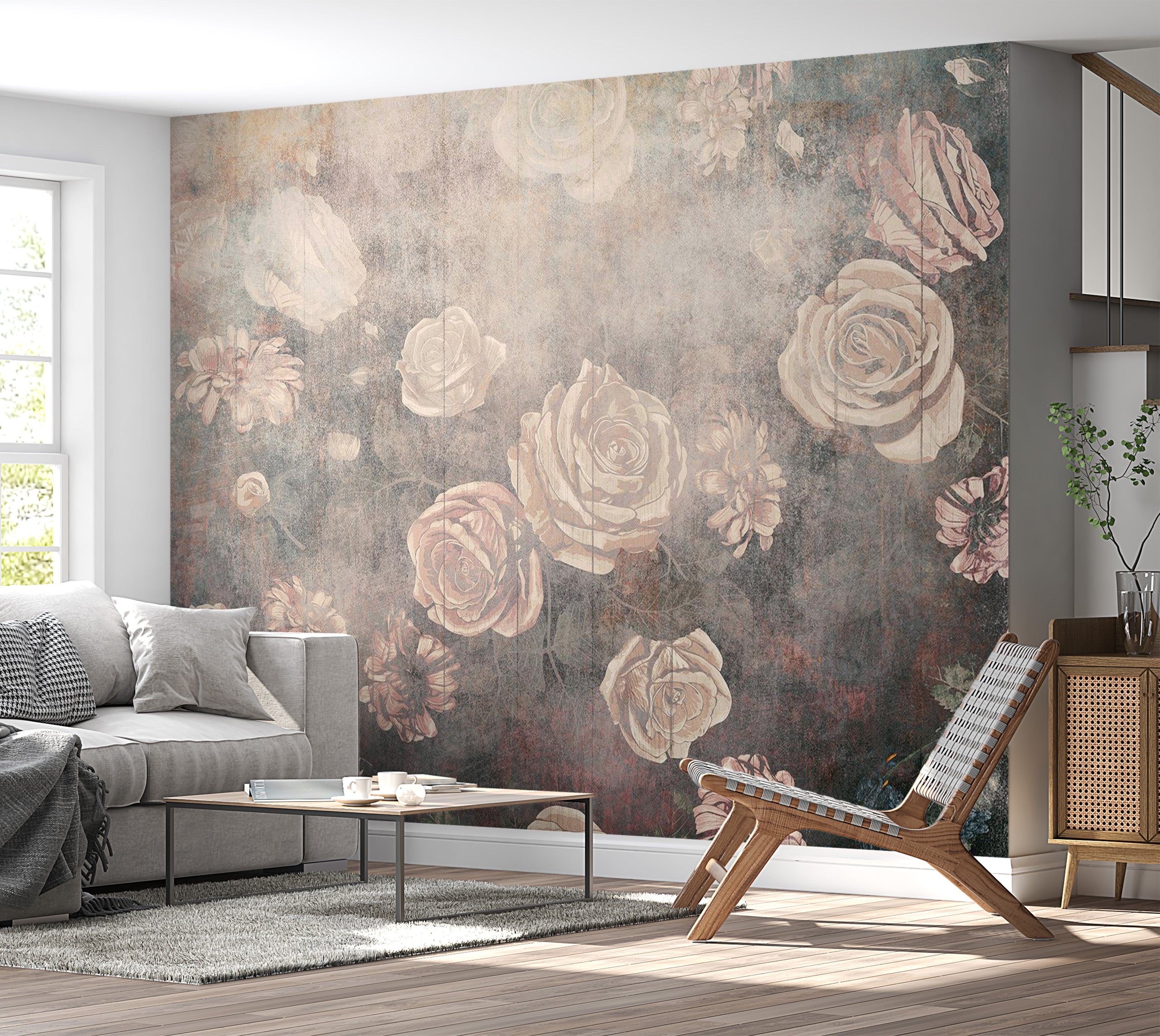 Floral Wallpaper Wall Mural - Warm Misty Roses 39"Wx27"H / Regular