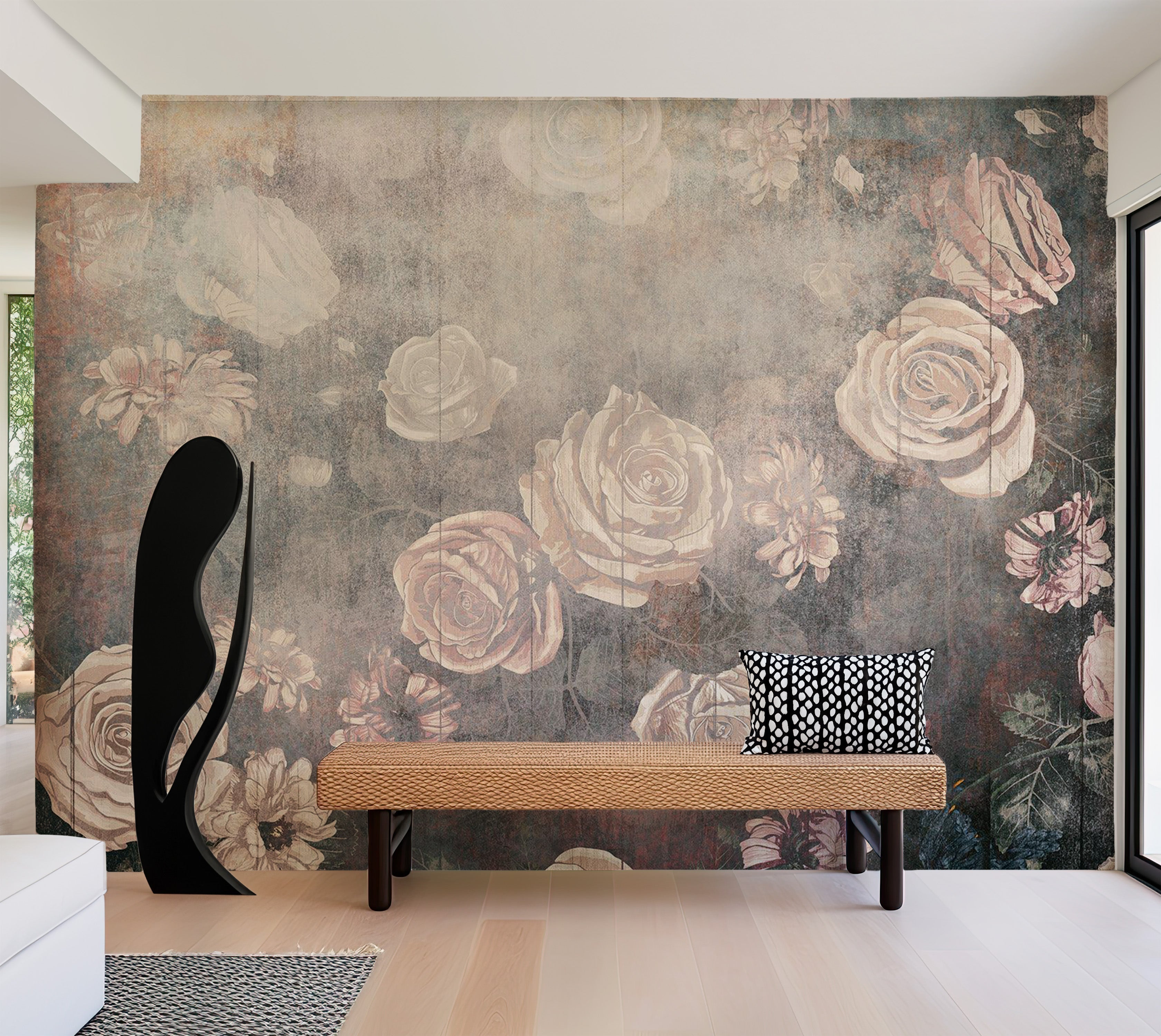 Floral Wallpaper Wall Mural - Warm Misty Roses 39"Wx27"H / Regular