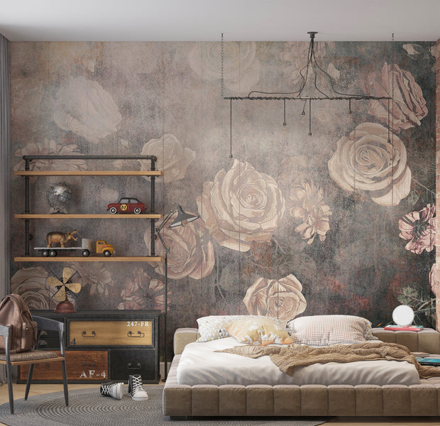 Floral Wallpaper Wall Mural - Warm Misty Roses 39"Wx27"H / Regular