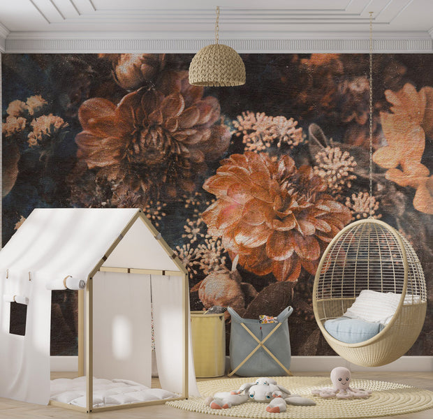 Floral Wallpaper Wall Mural - Warm Retro Flowers 39"Wx27"H / Regular