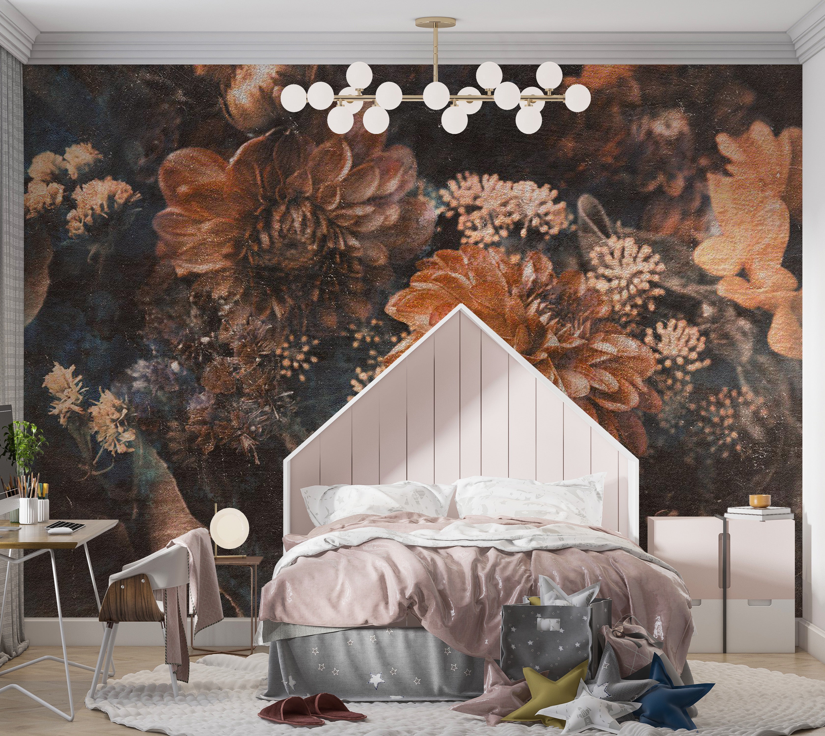 Floral Wallpaper Wall Mural - Warm Retro Flowers 39"Wx27"H / Regular