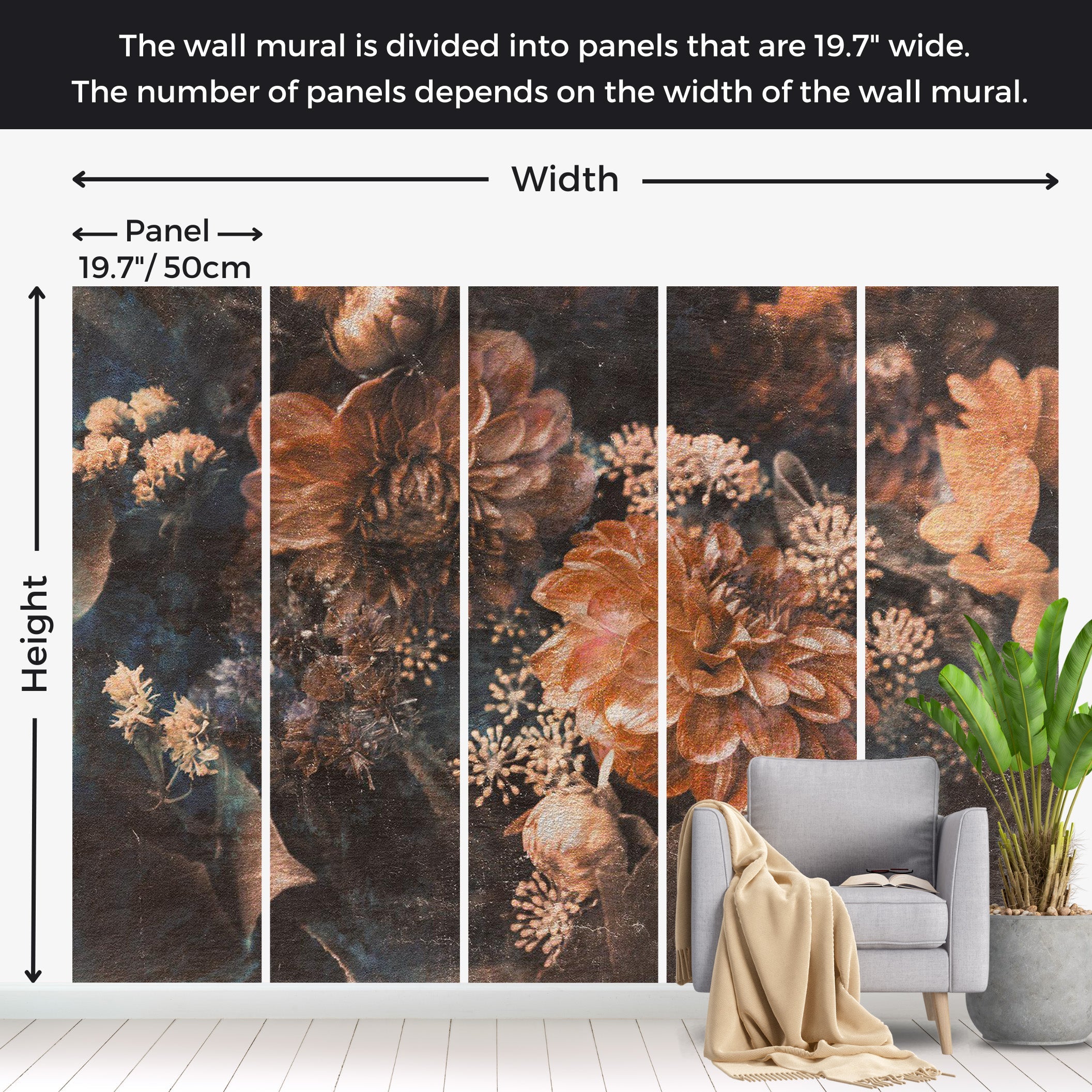 Floral Wallpaper Wall Mural - Warm Retro Flowers 39"Wx27"H / Regular