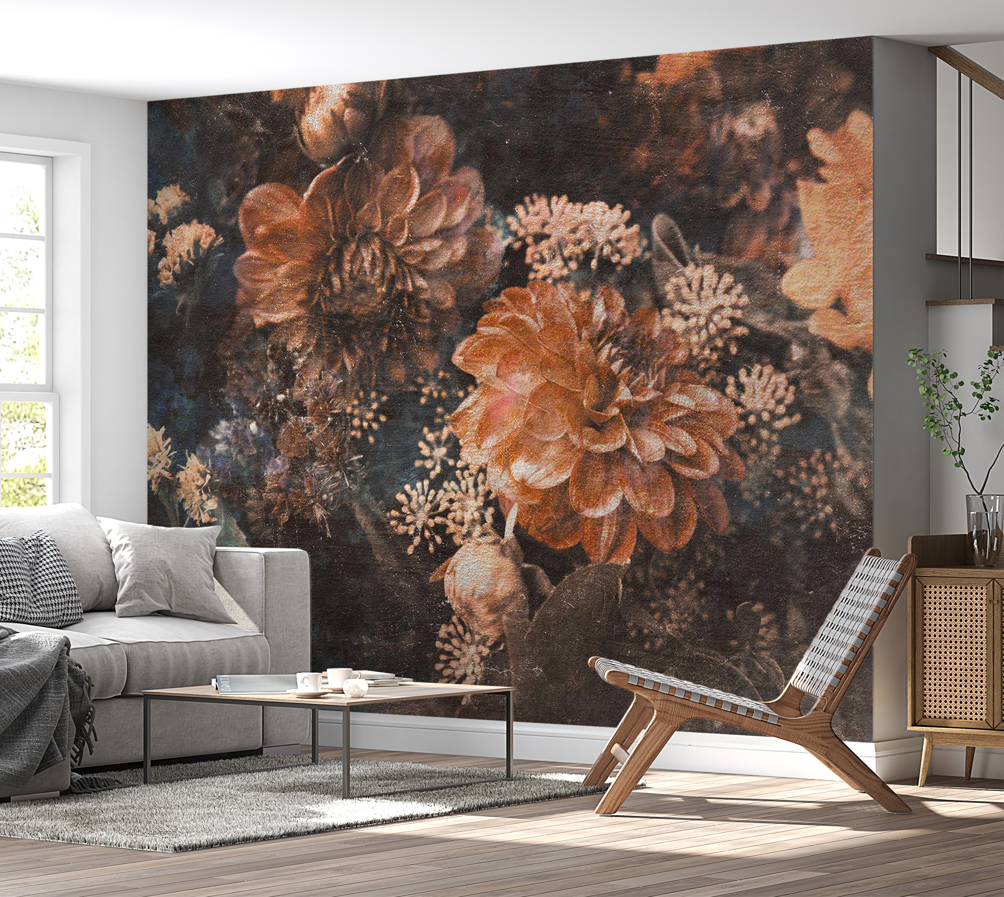 Floral Wallpaper Wall Mural - Warm Retro Flowers 39"Wx27"H / Regular