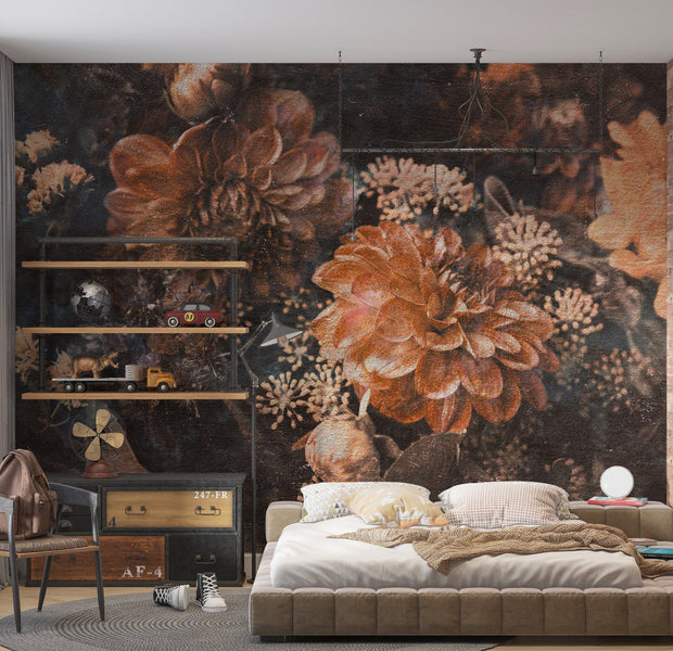Floral Wallpaper Wall Mural - Warm Retro Flowers 39"Wx27"H / Regular