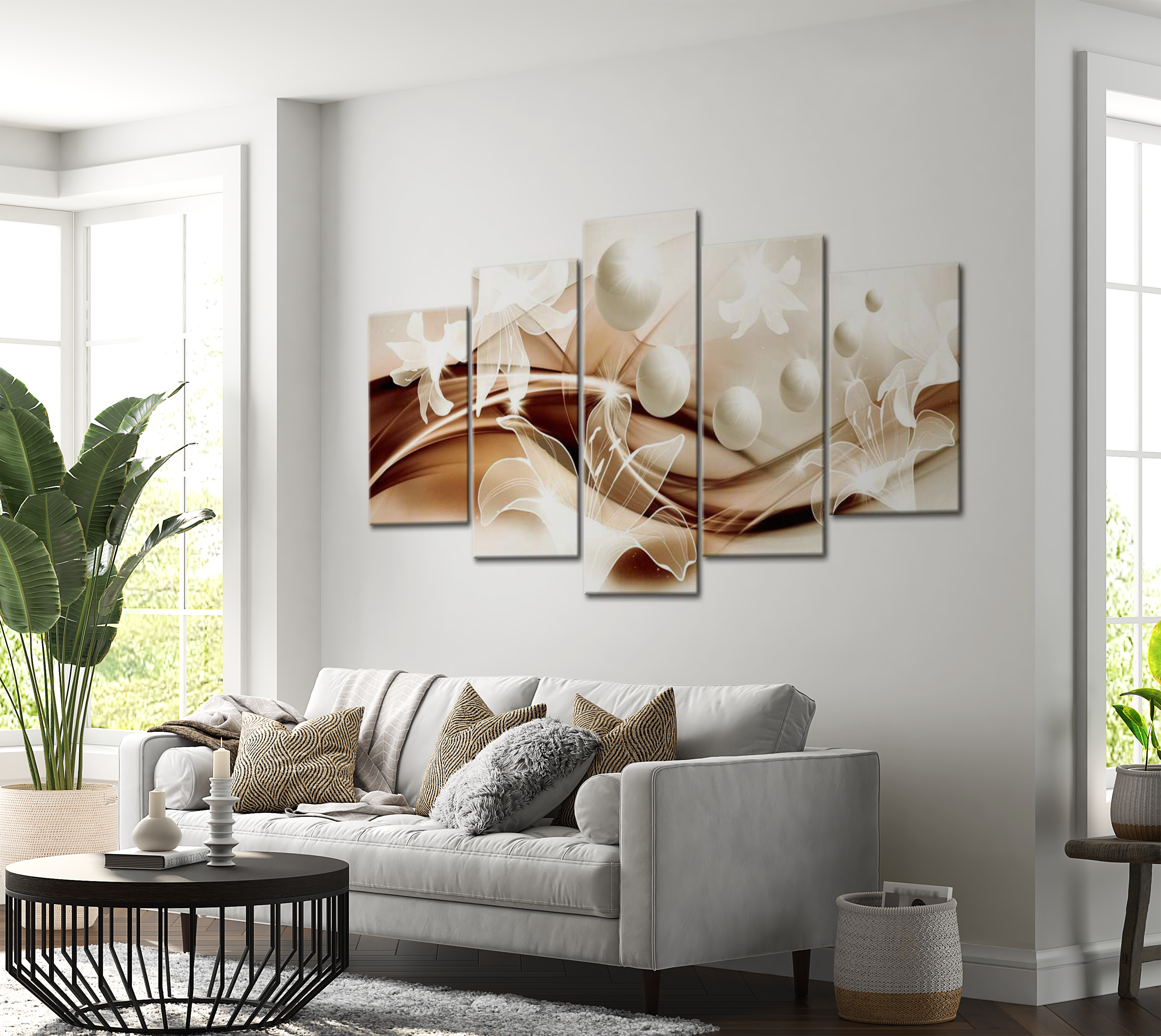 Stretched Canvas Glamour Art - Pearl Lilies In Bronze 40"Wx20"H