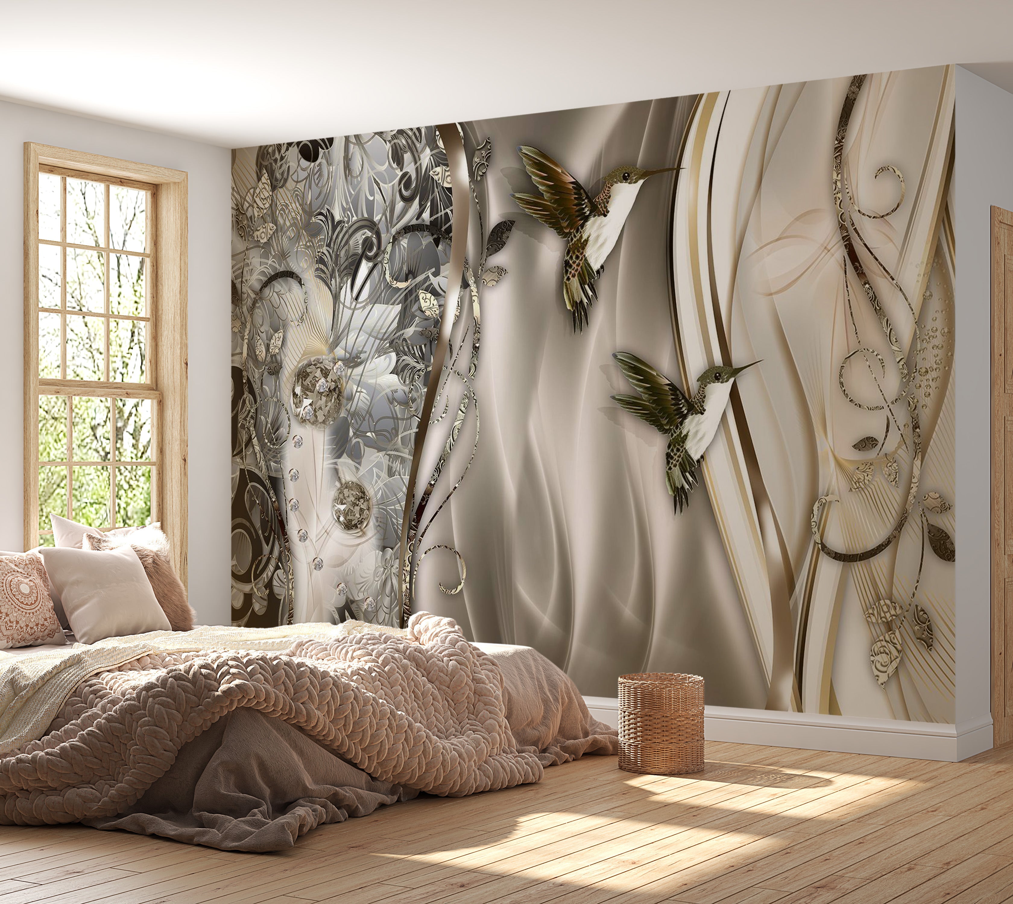 Glam Wallpaper Wall Mural - Hummingbirds On The Wave Brown 39"Wx27"H