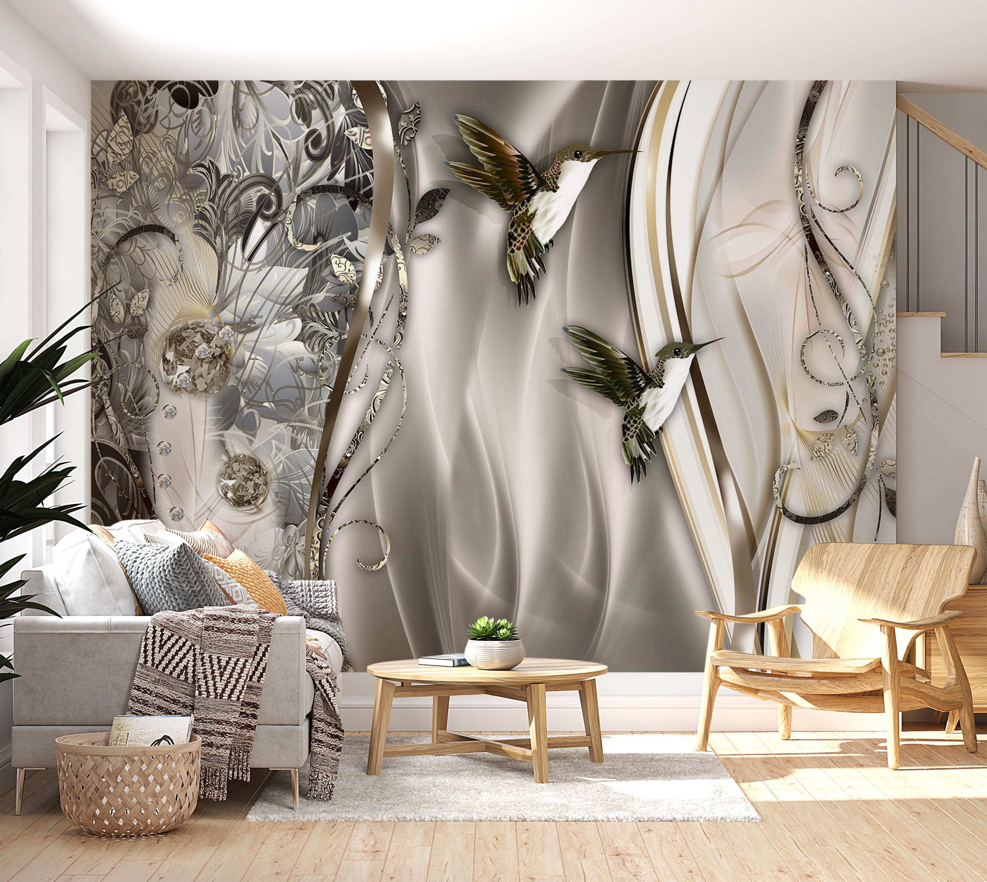 Glam Wallpaper Wall Mural - Hummingbirds On The Wave Brown 39"Wx27"H