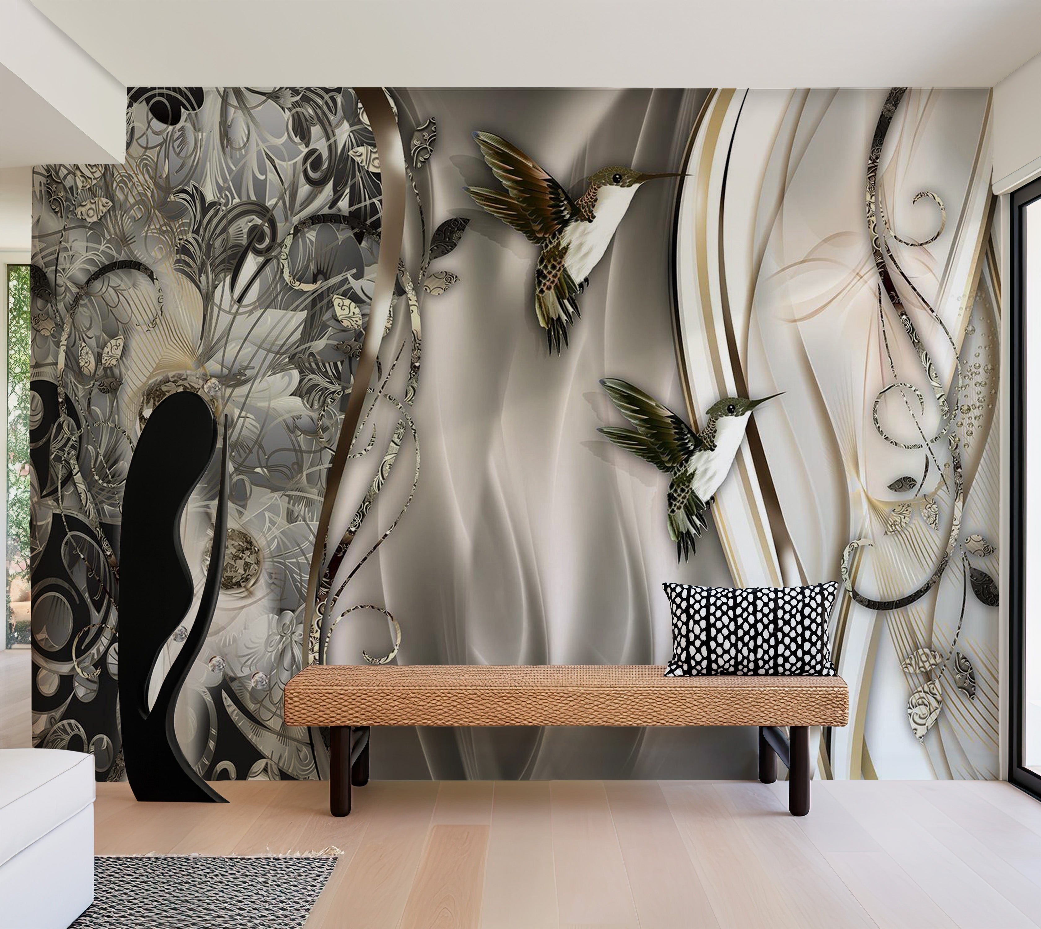 Glam Wallpaper Wall Mural - Hummingbirds On The Wave Brown 39"Wx27"H