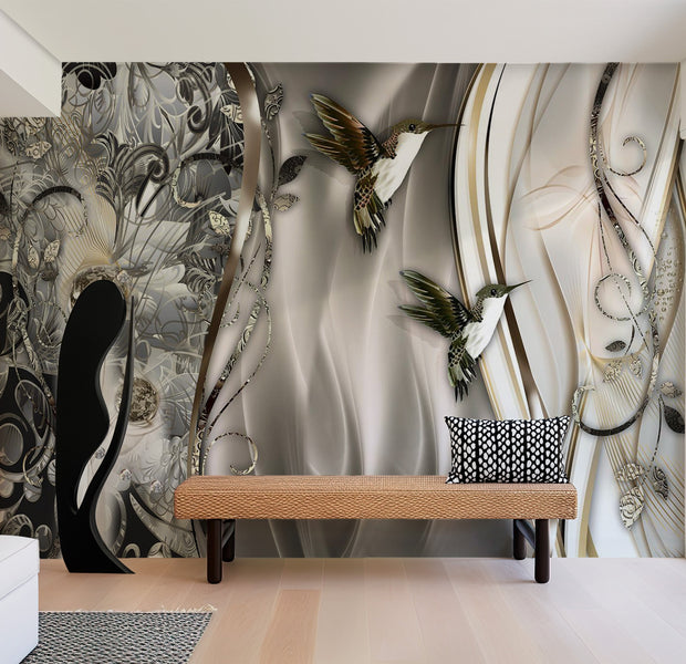 Glam Wallpaper Wall Mural - Hummingbirds On The Wave Brown 39"Wx27"H
