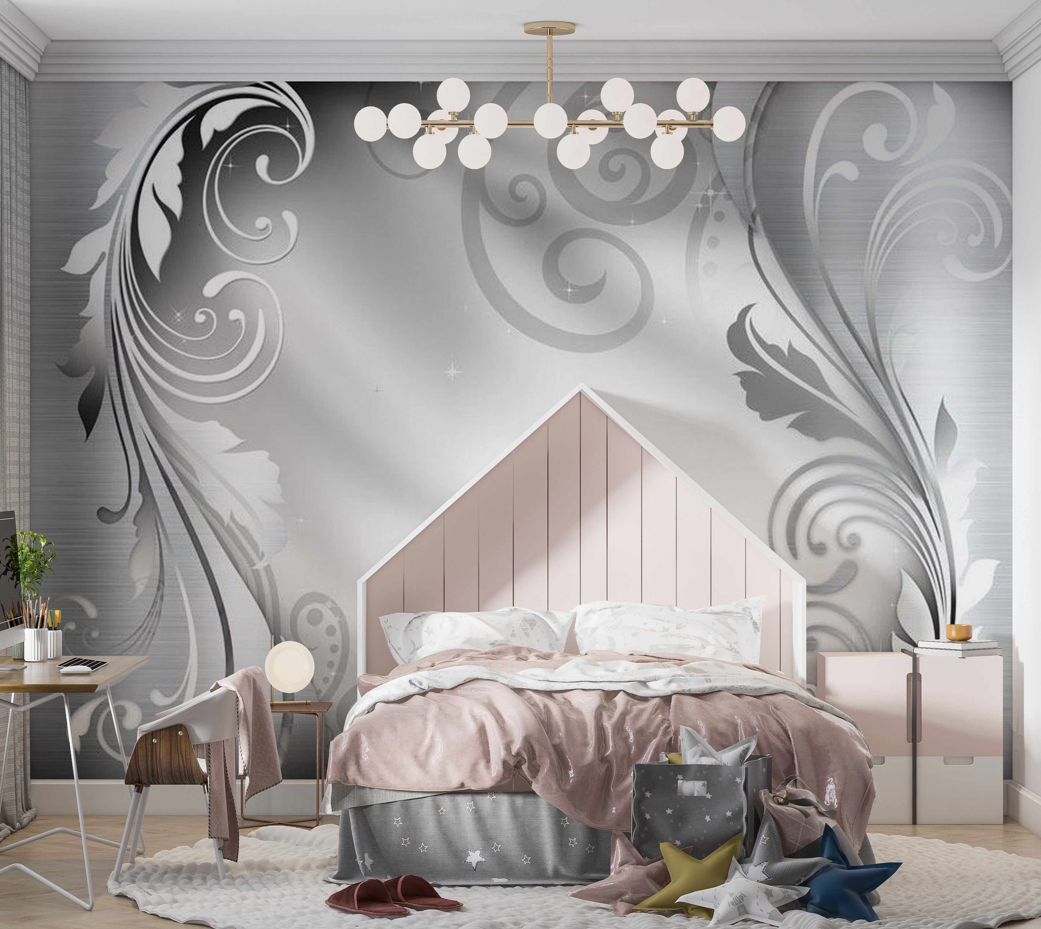 Glam Wallpaper Wall Mural - Silver Ornament 39"Wx27"H