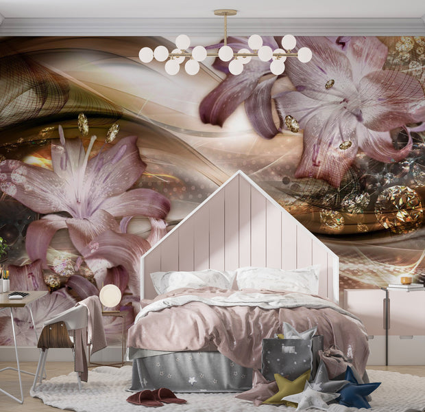 Glam Wallpaper Wall Mural - Lilies On The Wave Brown 39"Wx27"H