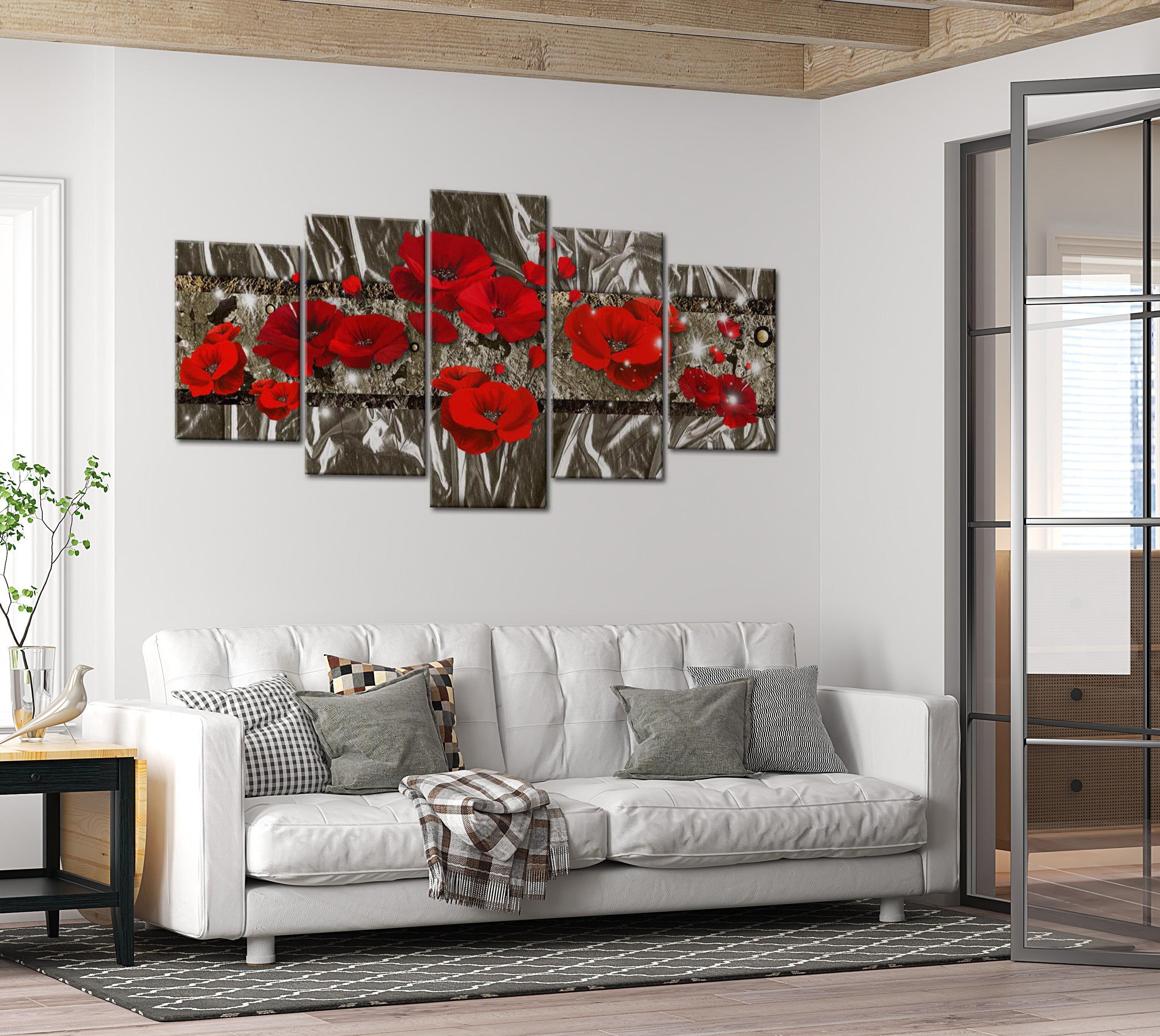 Glamour Canvas Wall Art - Silver Poppies - 5 Pieces