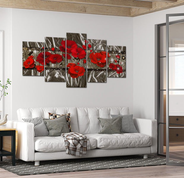 Glamour Canvas Wall Art - Silver Poppies - 5 Pieces