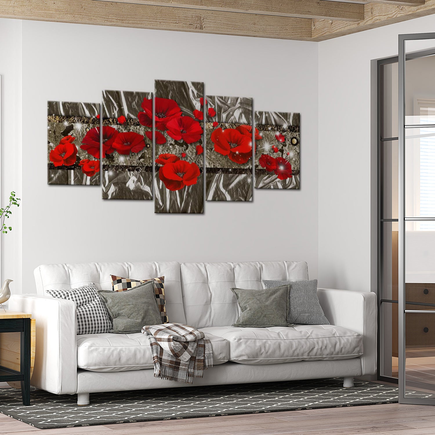 Glamour Canvas Wall Art - Silver Poppies - 5 Pieces