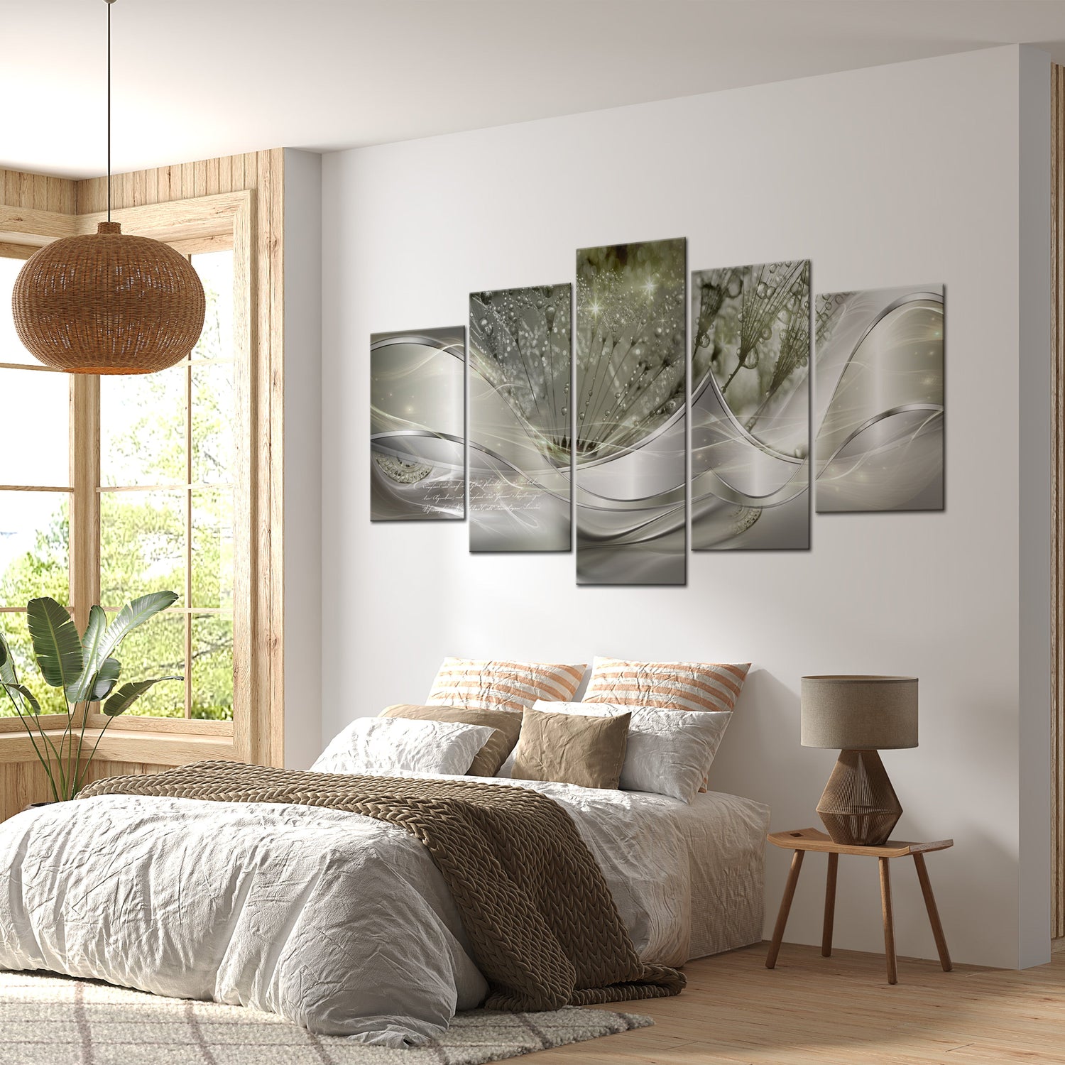 Glamour Canvas Wall Art - Sparkling Dandelions Green - 5 Pieces