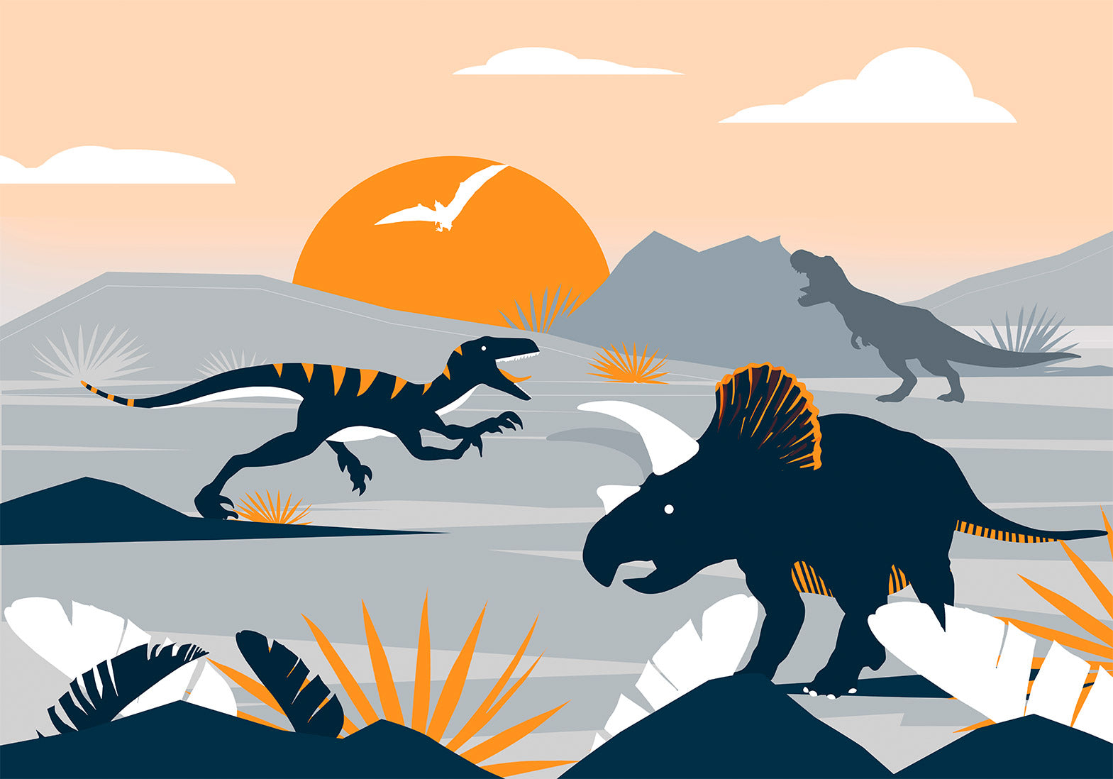 Kids Wallpaper Wall Mural - Abstract Dinosaurs Landscape
