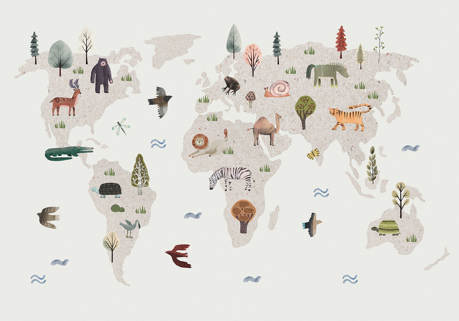 Kids Wallpaper Wall Mural - Beige World Map With Animals