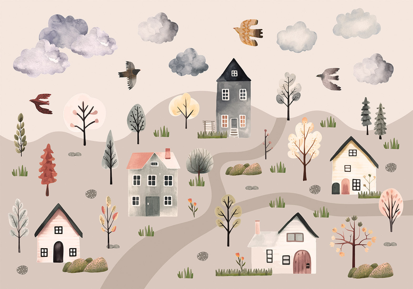 Kids Wallpaper Wall Mural - Scandinavian Valley in Pastel Colors