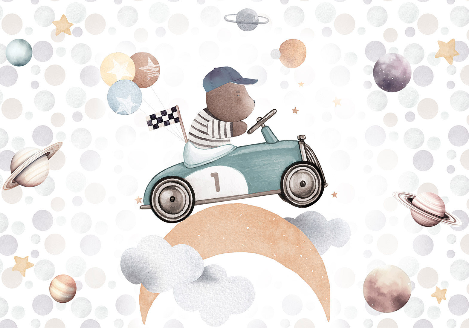 Kids Wallpaper Wall Mural - Teddy Bear in a Racing Car